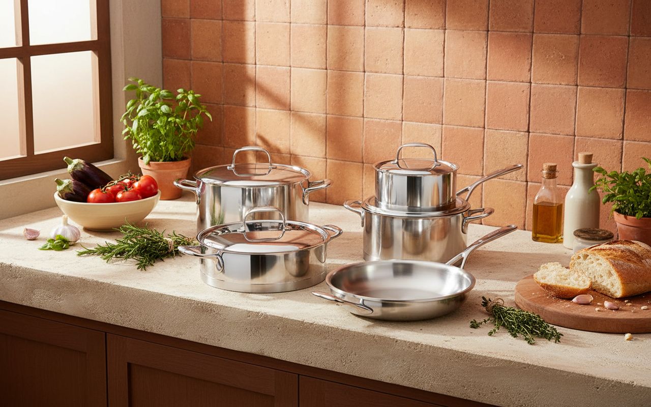 10-piece stainless steel cookware set with lids, including saucepans, fry pans, and stockpot for stovetop cooking — view 7b