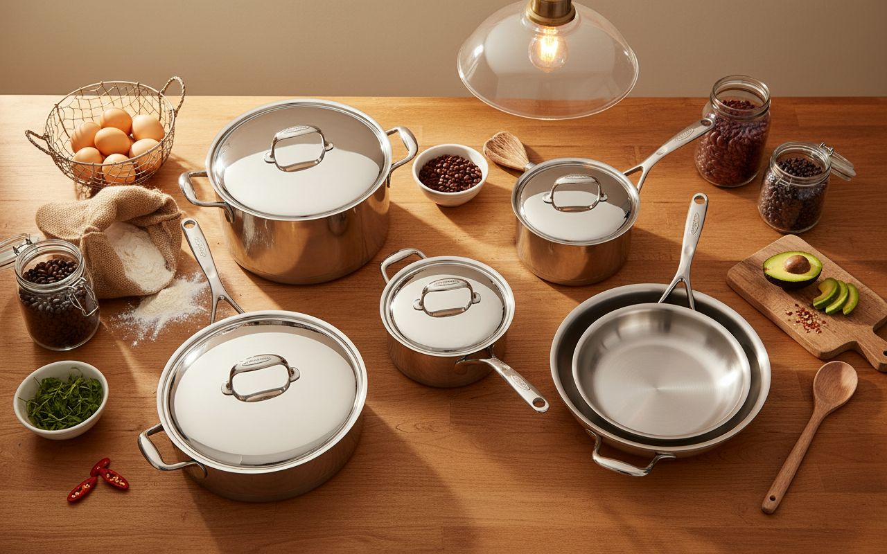 10-piece stainless steel cookware set with lids, including saucepans, fry pans, and stockpot for stovetop cooking — view 2