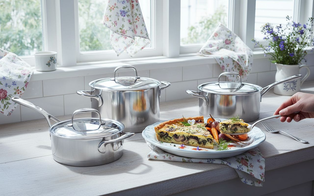 10-piece stainless steel cookware set with lids, including saucepans, fry pans, and stockpot for stovetop cooking — view 3a