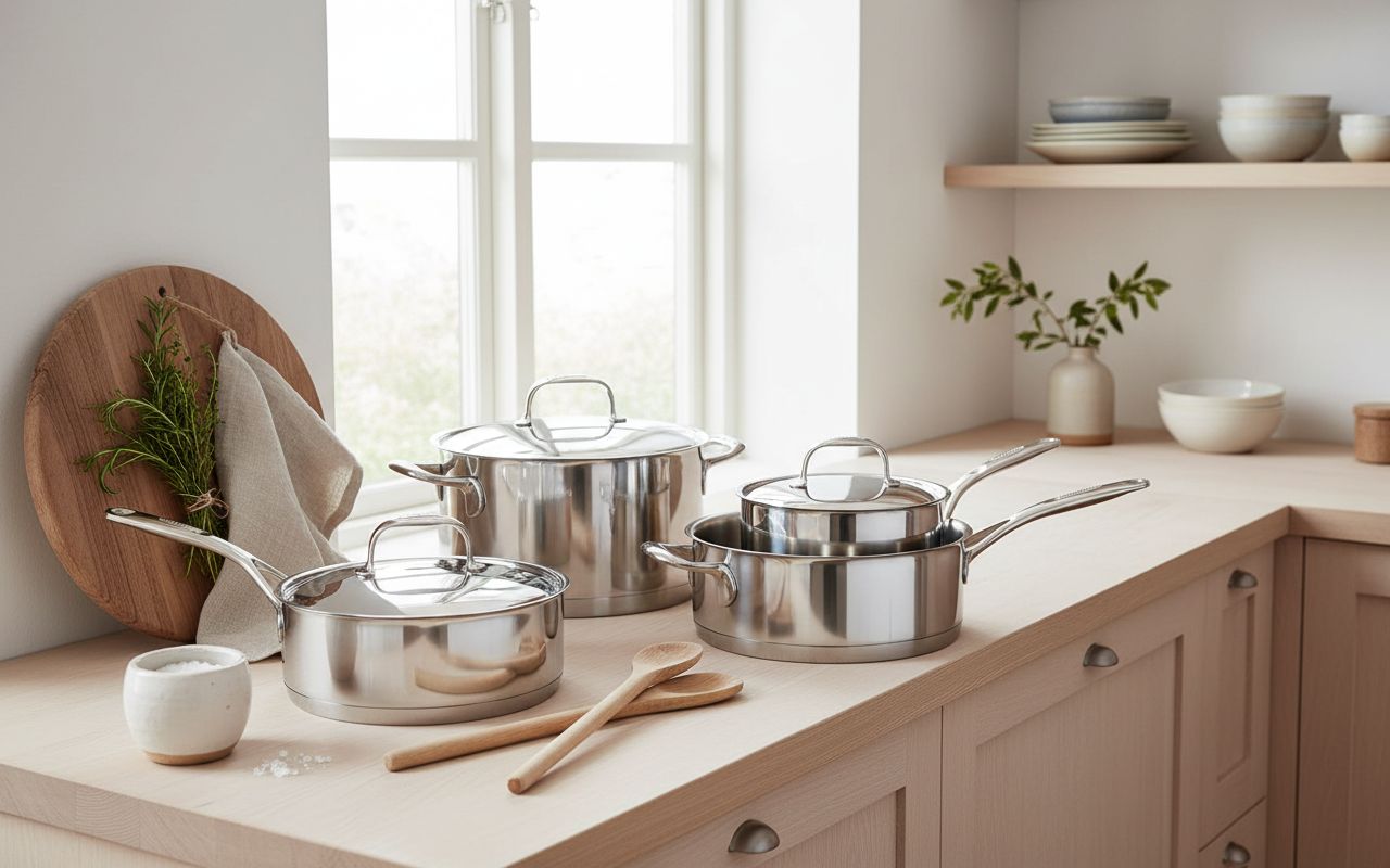10-piece stainless steel cookware set with lids, including saucepans, fry pans, and stockpot for stovetop cooking — view 5a