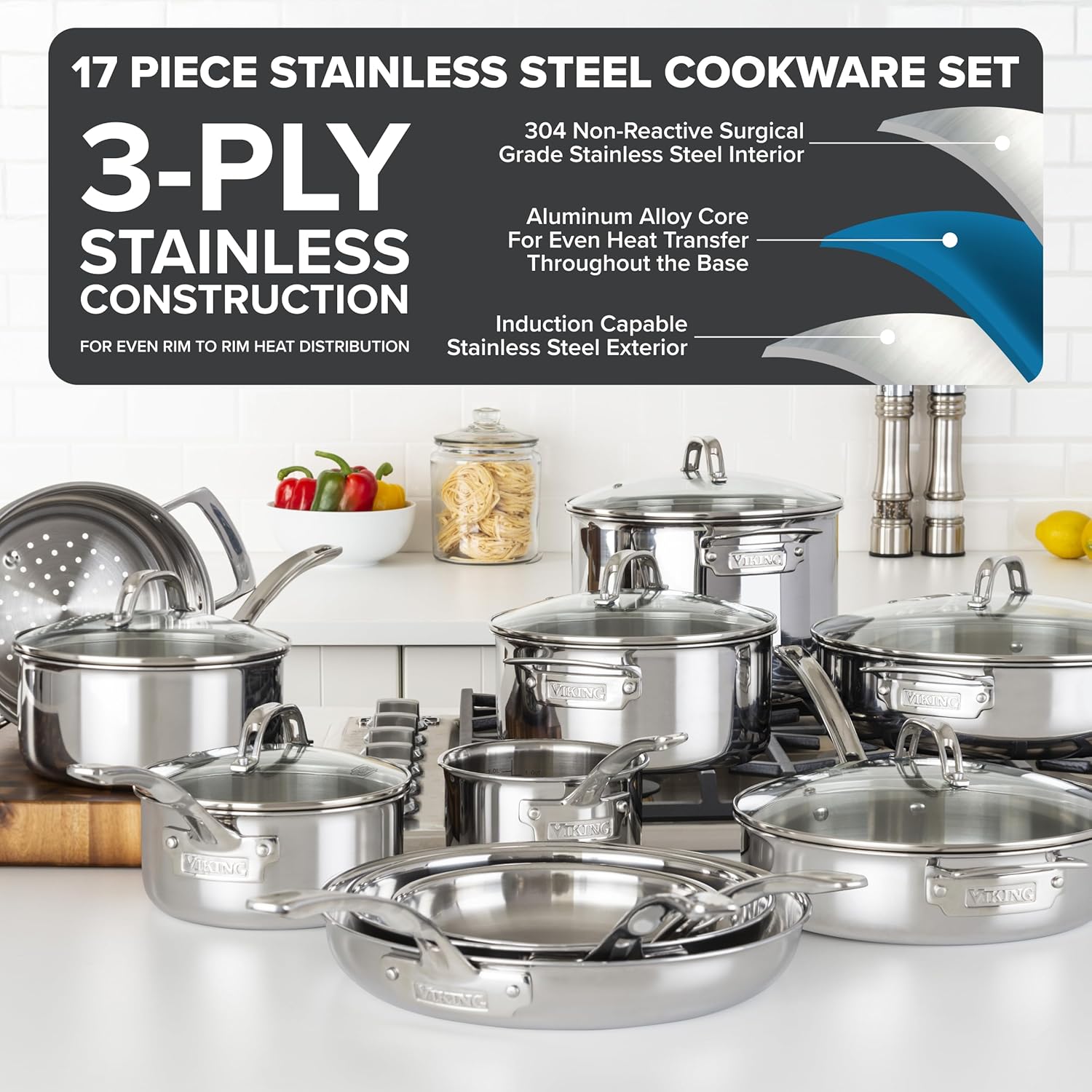 17-piece stainless steel cookware set with glass lids and steamer insert — view 2