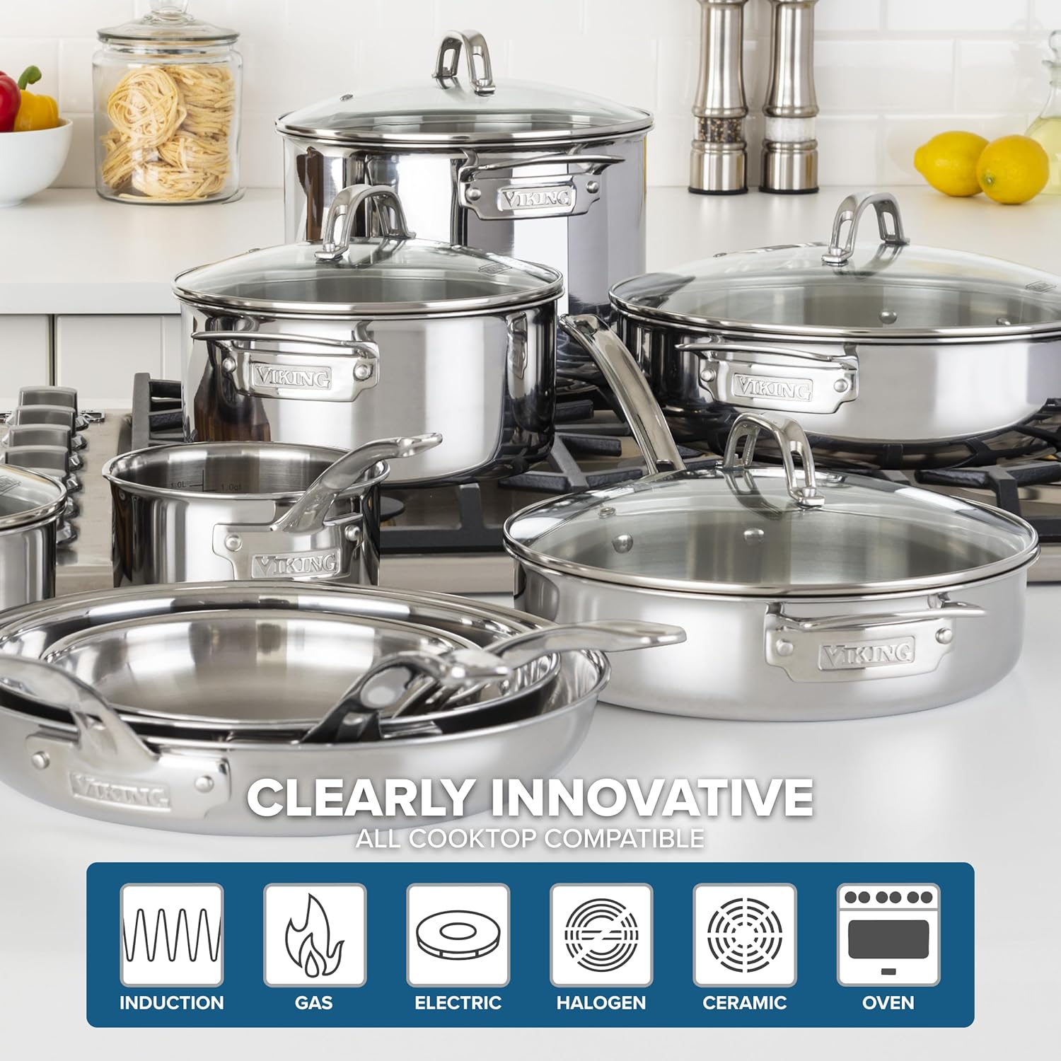 17-piece stainless steel cookware set with glass lids and steamer insert — view 2