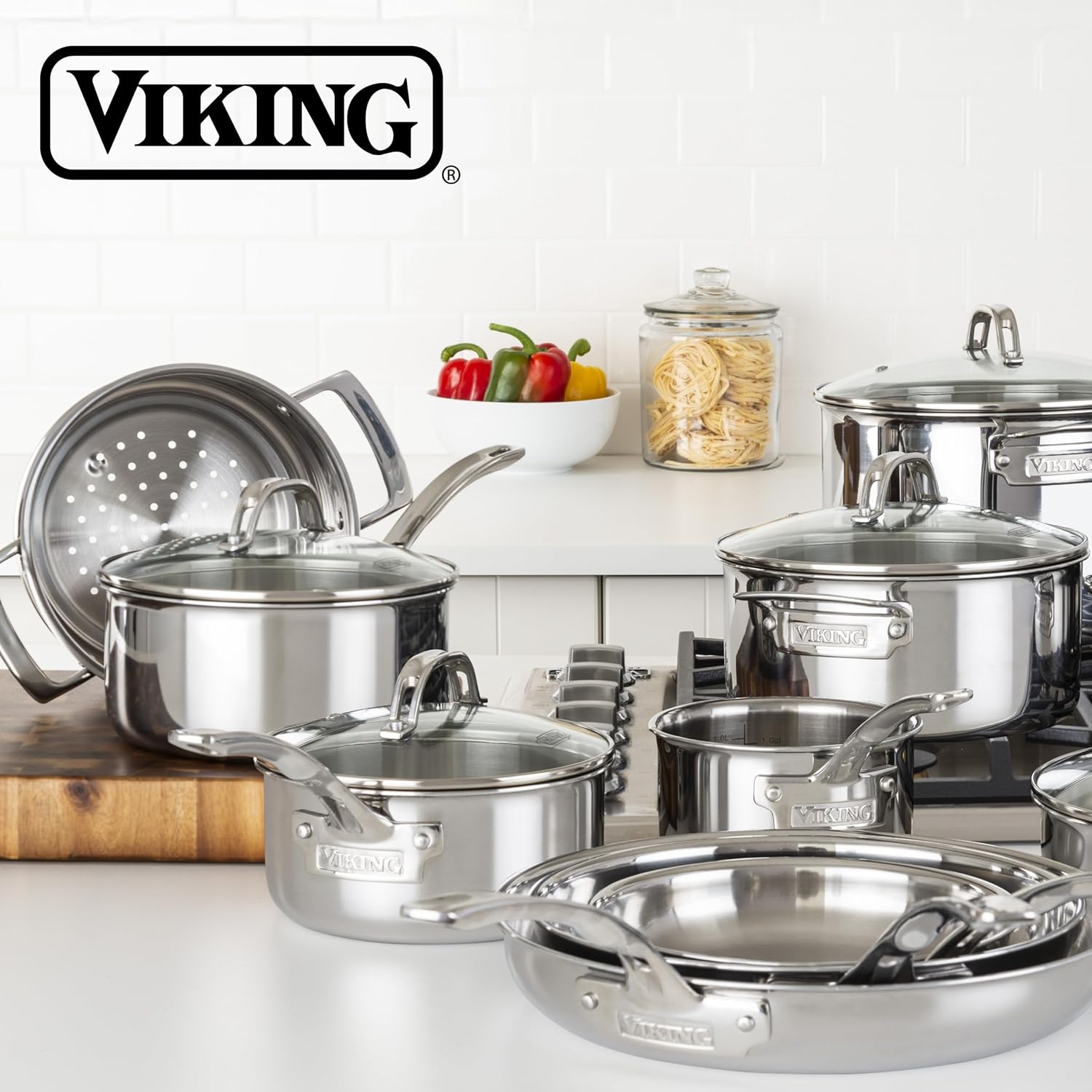 17-piece stainless steel cookware set with glass lids and steamer insert — view 3