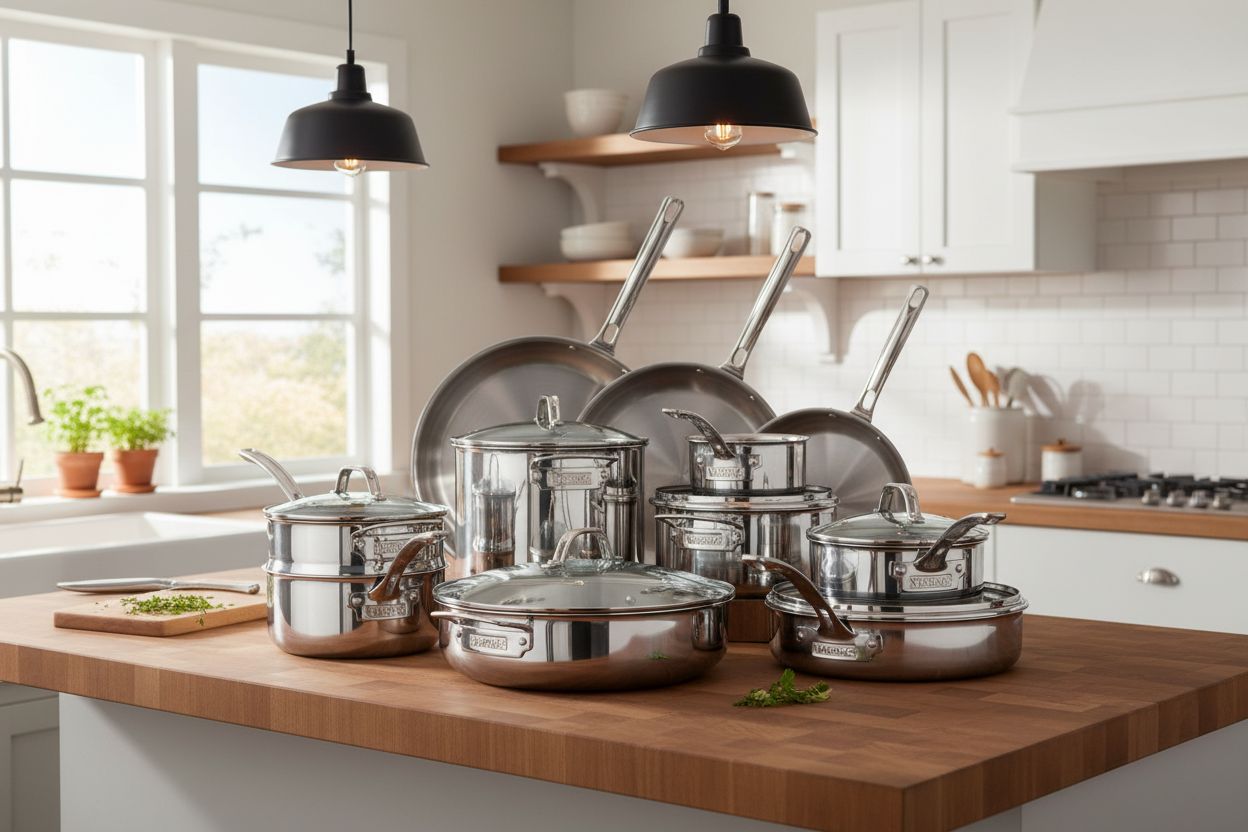17-piece stainless steel cookware set with glass lids and steamer insert — view 1