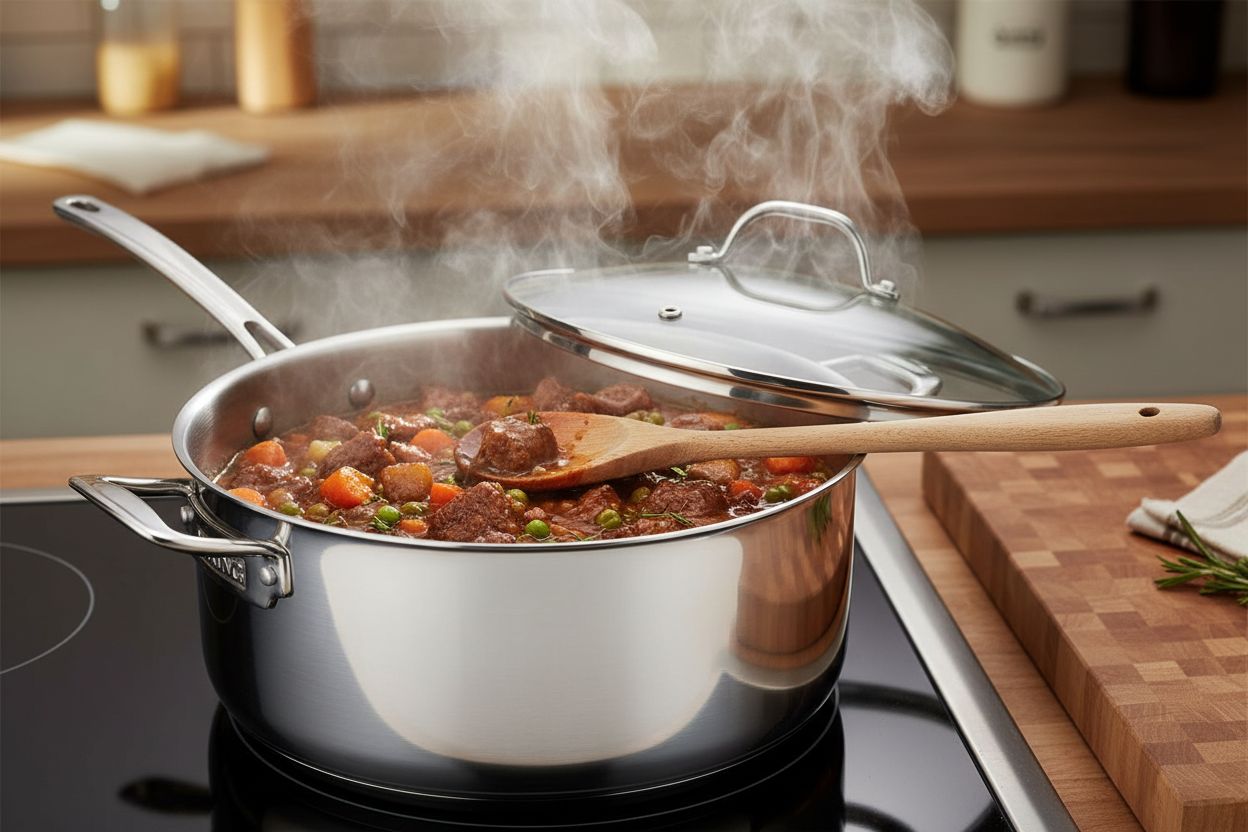 17-piece stainless steel cookware set with glass lids and steamer insert — view 3b