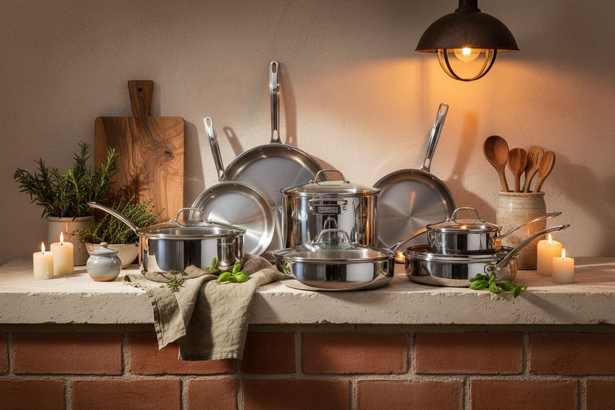 17-piece stainless steel cookware set with glass lids and steamer insert — view 5a