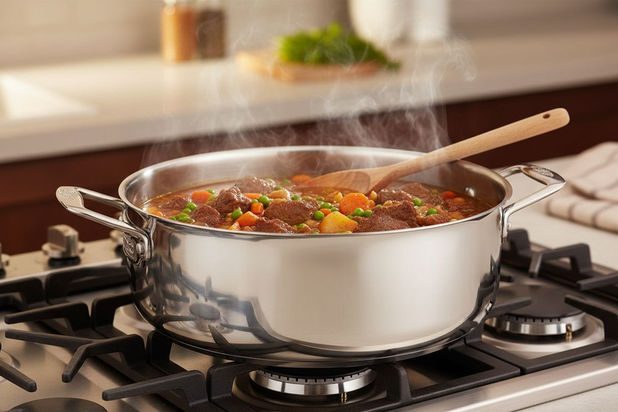 17-piece stainless steel cookware set with glass lids and steamer insert — view 7a
