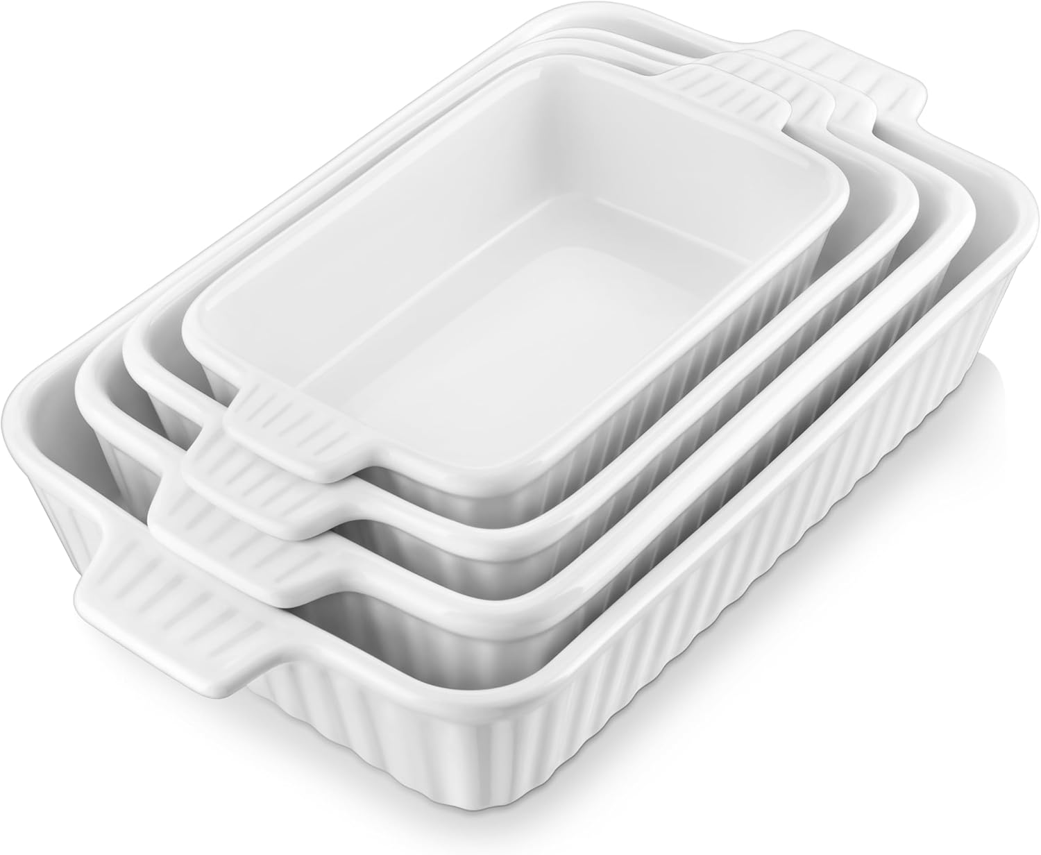 Set of 4 white ceramic rectangular baking dishes with handles, graduated sizes for lasagna and cake baking — front