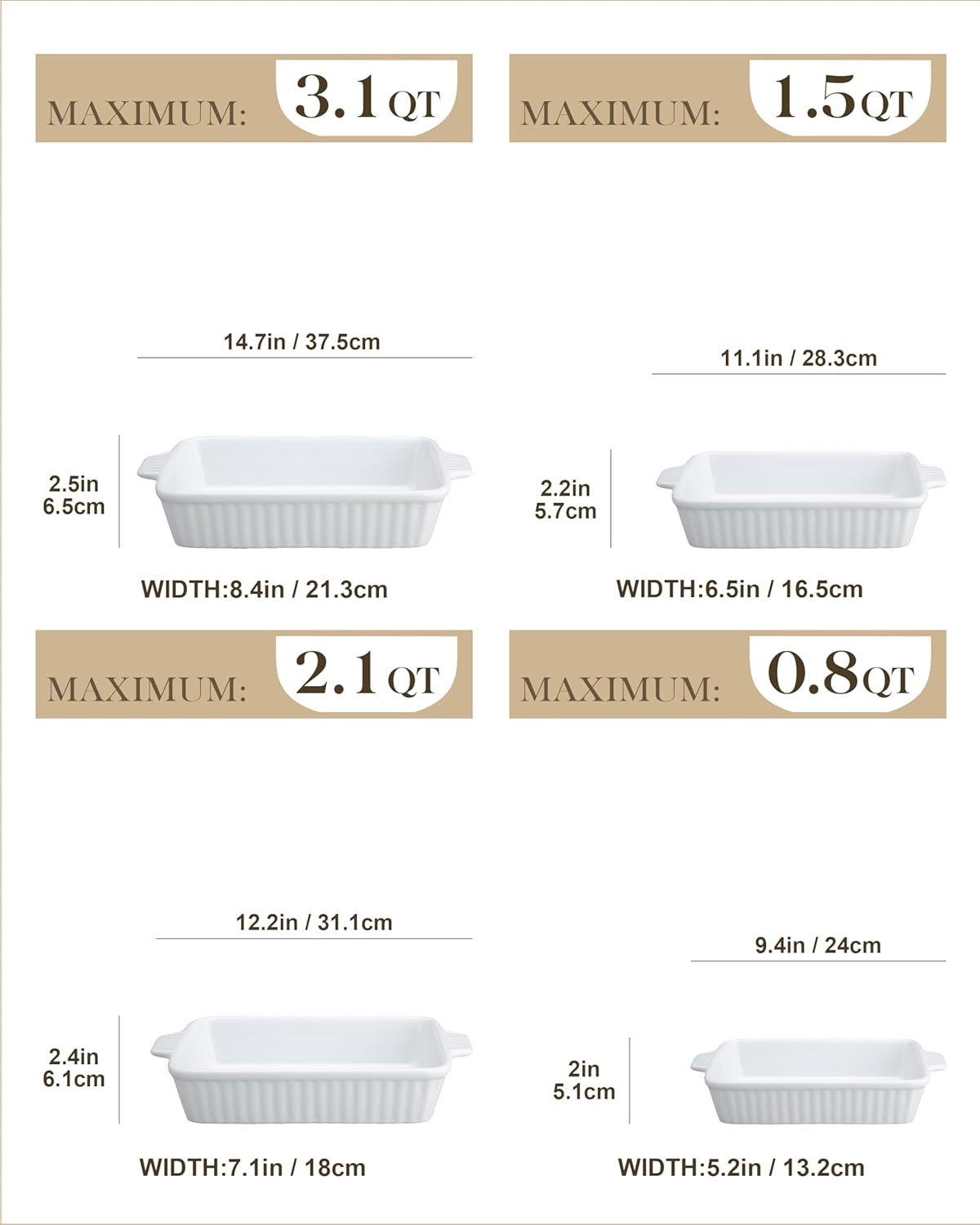 Set of 4 white ceramic rectangular baking dishes with handles, graduated sizes for lasagna and cake baking — side