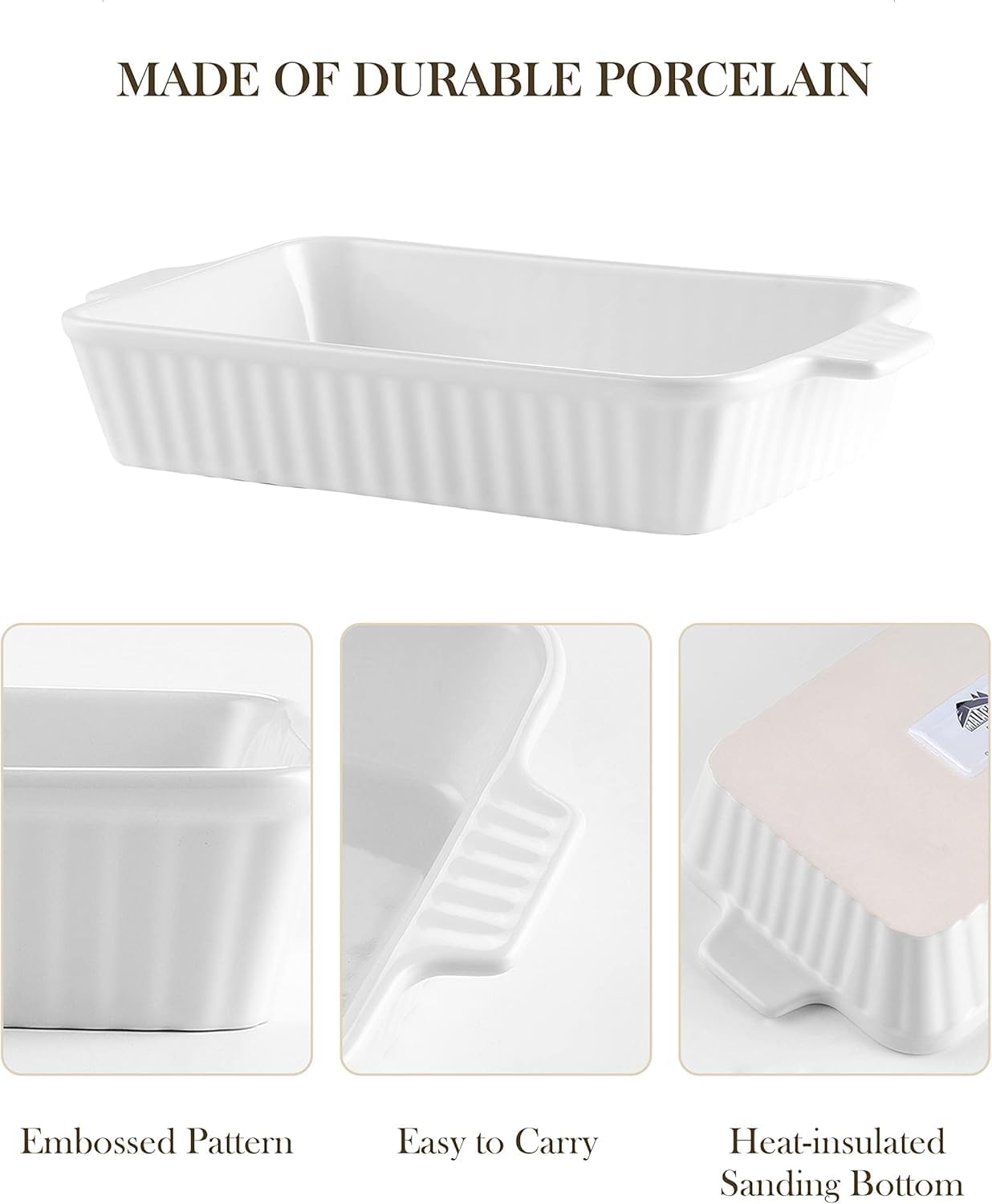 Set of 4 white ceramic rectangular baking dishes with handles, graduated sizes for lasagna and cake baking — back