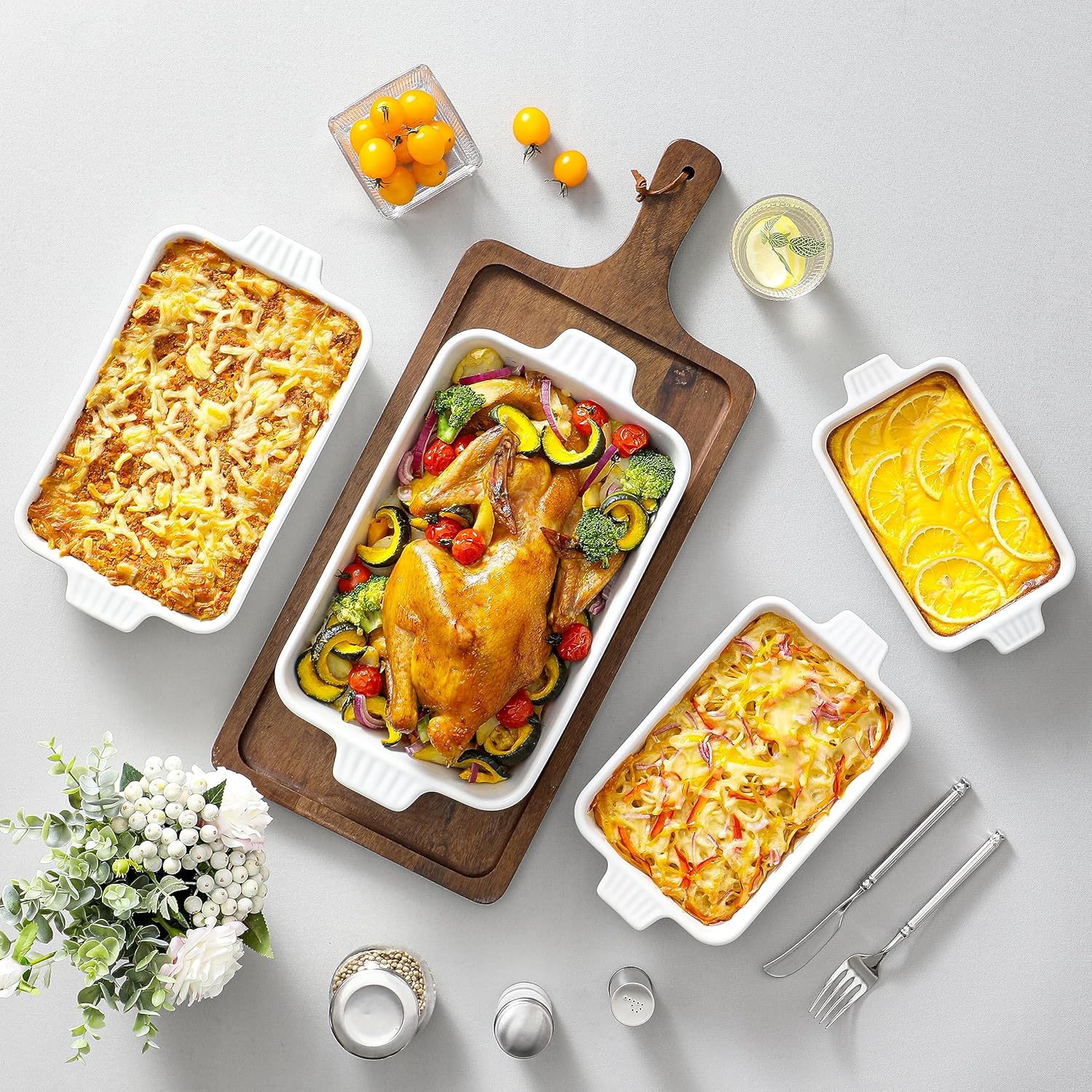 Set of 4 white ceramic rectangular baking dishes with handles, graduated sizes for lasagna and cake baking — view 3