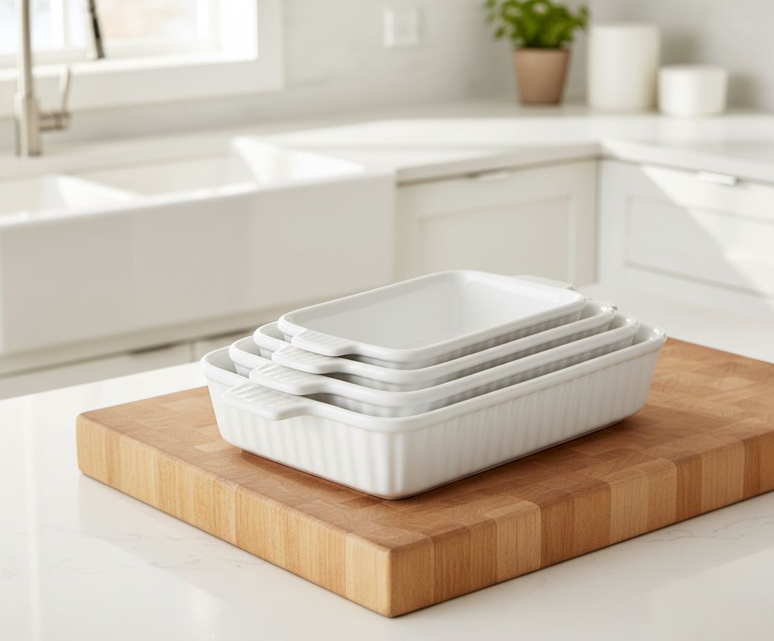 Set of 4 white ceramic rectangular baking dishes with handles, graduated sizes for lasagna and cake baking — view 1