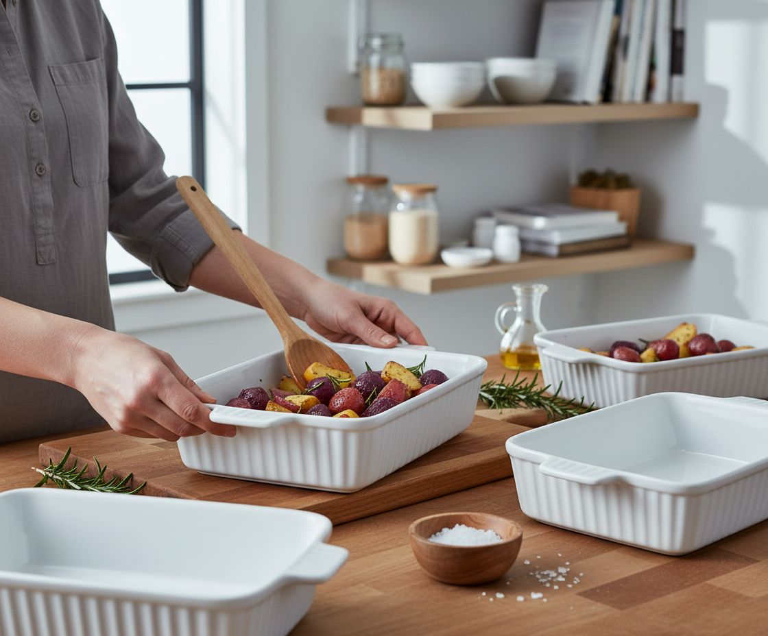 Set of 4 white ceramic rectangular baking dishes with handles, graduated sizes for lasagna and cake baking — view 3b