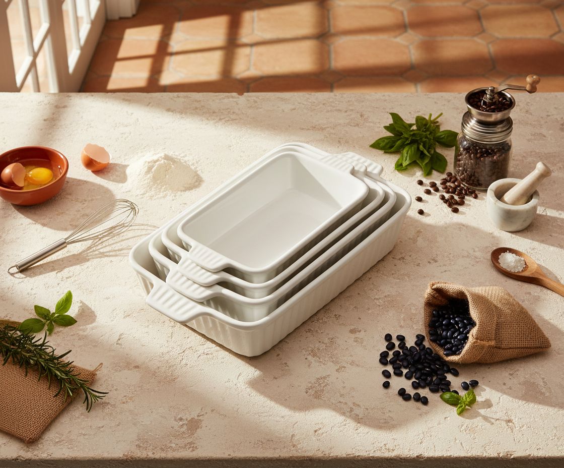 Set of 4 white ceramic rectangular baking dishes with handles, graduated sizes for lasagna and cake baking — view 2
