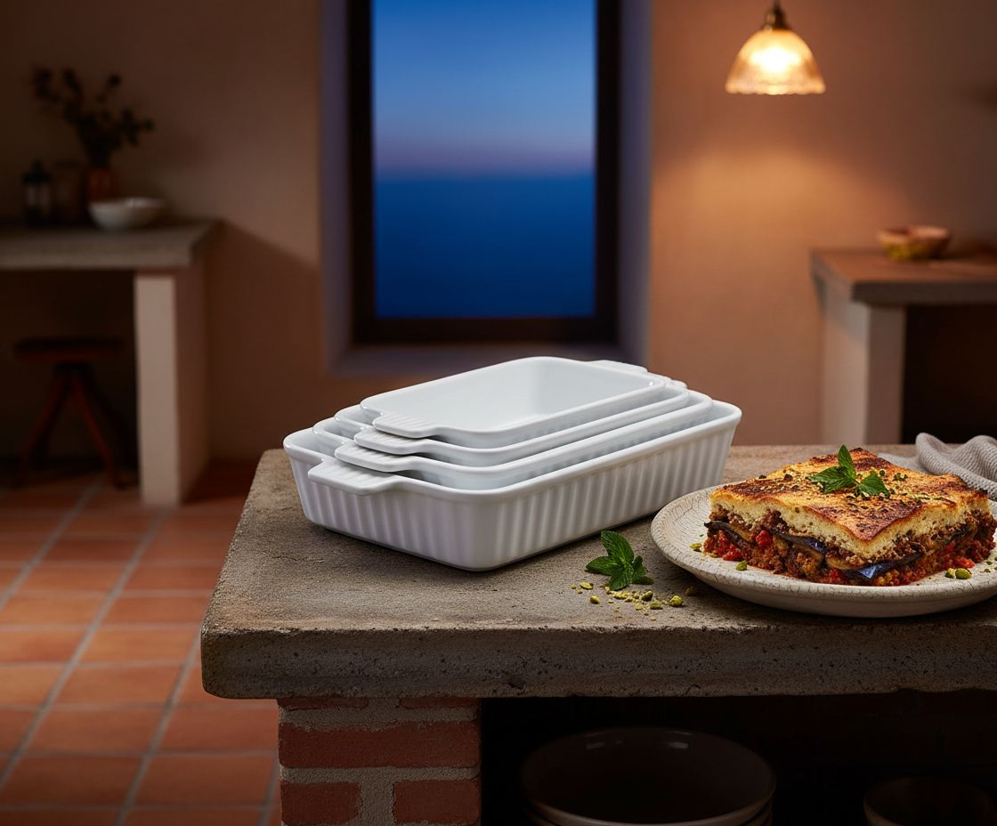 Set of 4 white ceramic rectangular baking dishes with handles, graduated sizes for lasagna and cake baking — view 3a