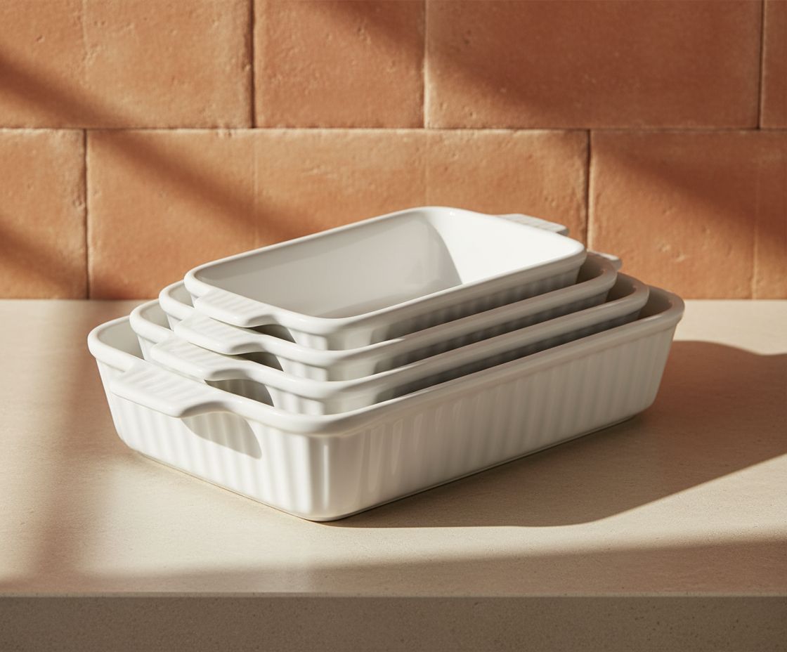 Set of 4 white ceramic rectangular baking dishes with handles, graduated sizes for lasagna and cake baking — view 6