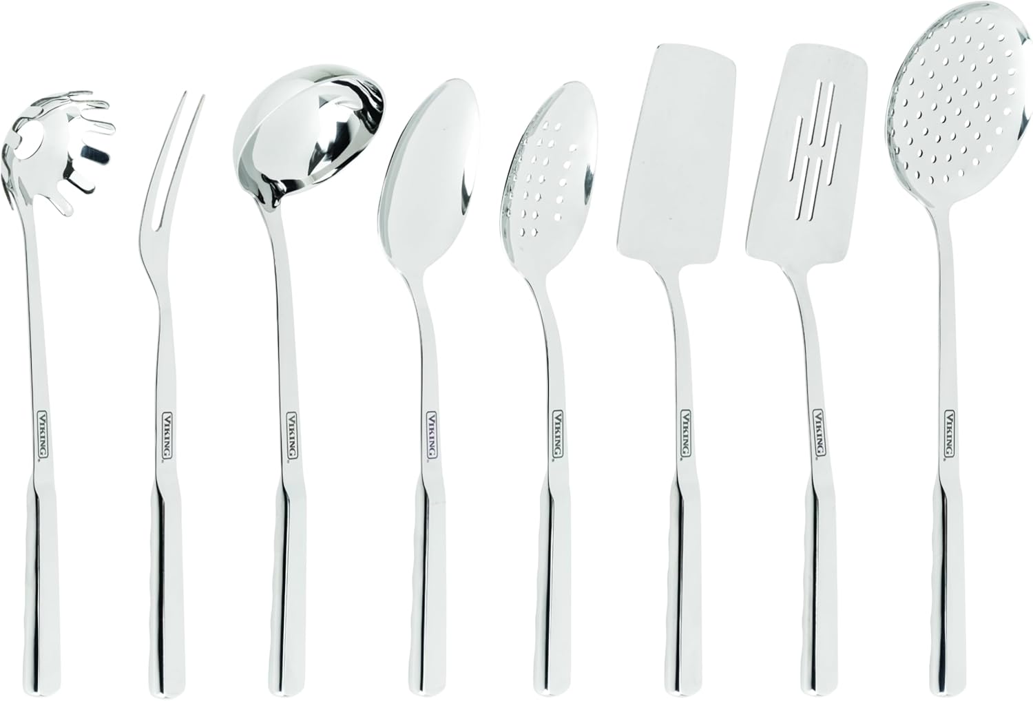 8-piece stainless steel kitchen utensil set including spatulas, spoons, ladle, and forks — front