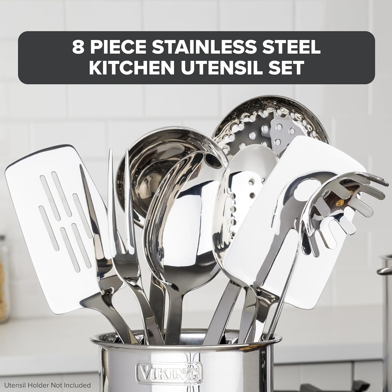 8-piece stainless steel kitchen utensil set including spatulas, spoons, ladle, and forks — side