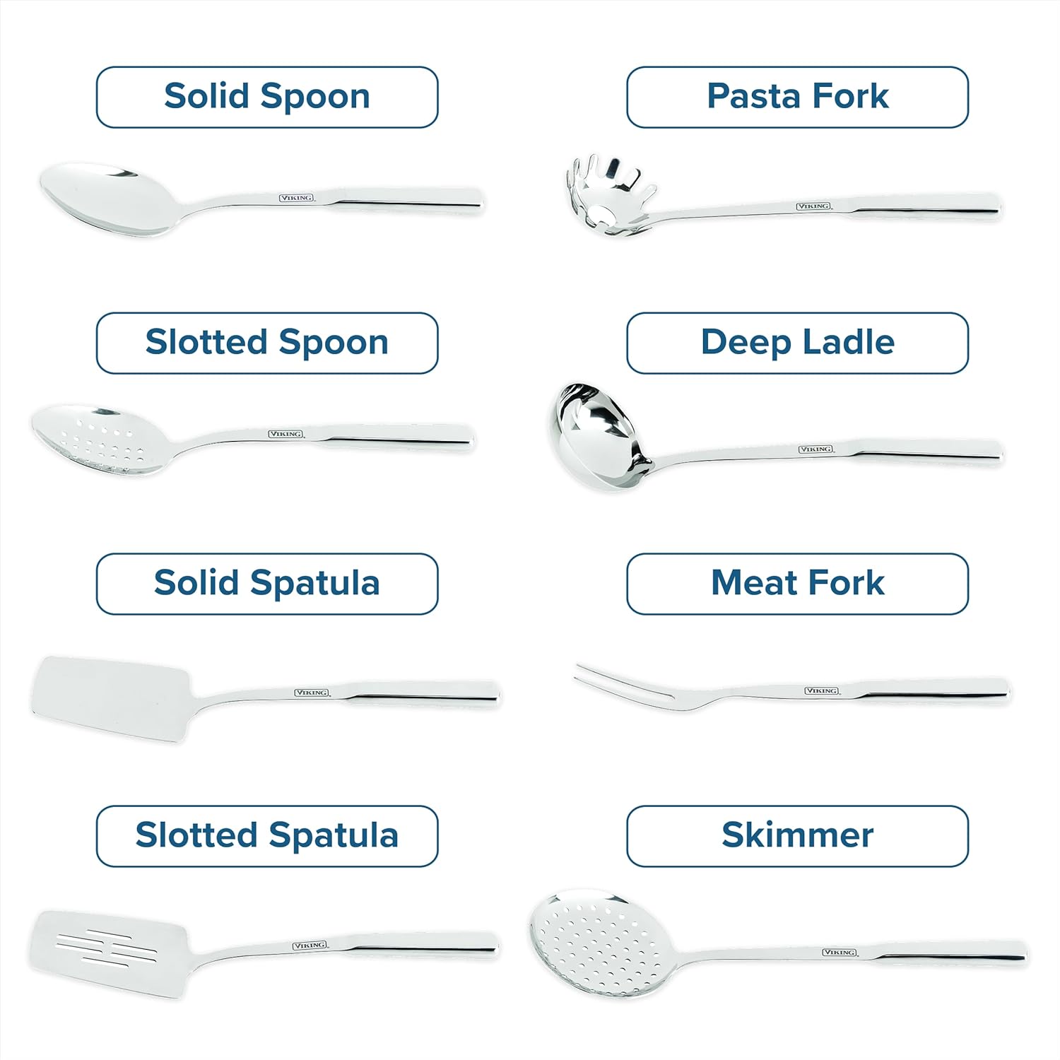 8-piece stainless steel kitchen utensil set including spatulas, spoons, ladle, and forks — detail