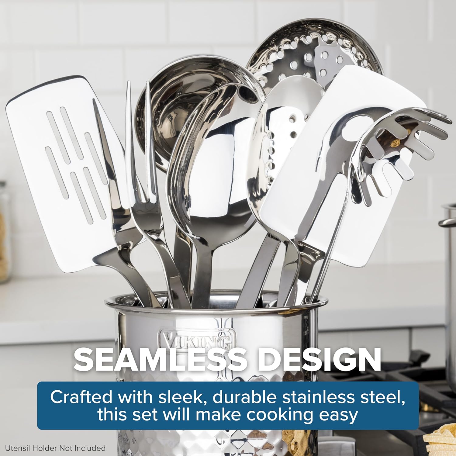 8-piece stainless steel kitchen utensil set including spatulas, spoons, ladle, and forks — view 2