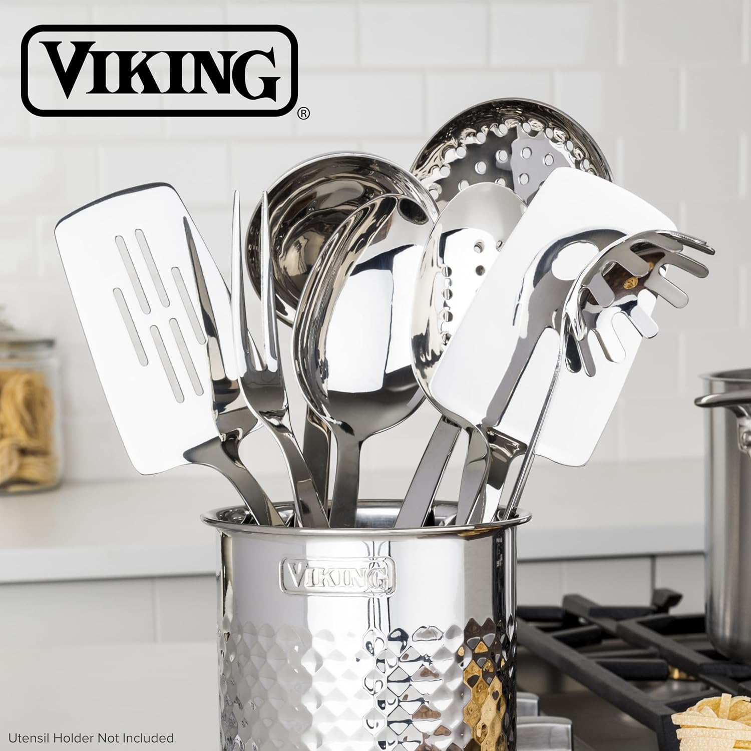 8-piece stainless steel kitchen utensil set including spatulas, spoons, ladle, and forks — view 3