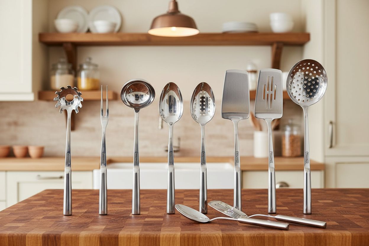 8-piece stainless steel kitchen utensil set including spatulas, spoons, ladle, and forks — view 5b