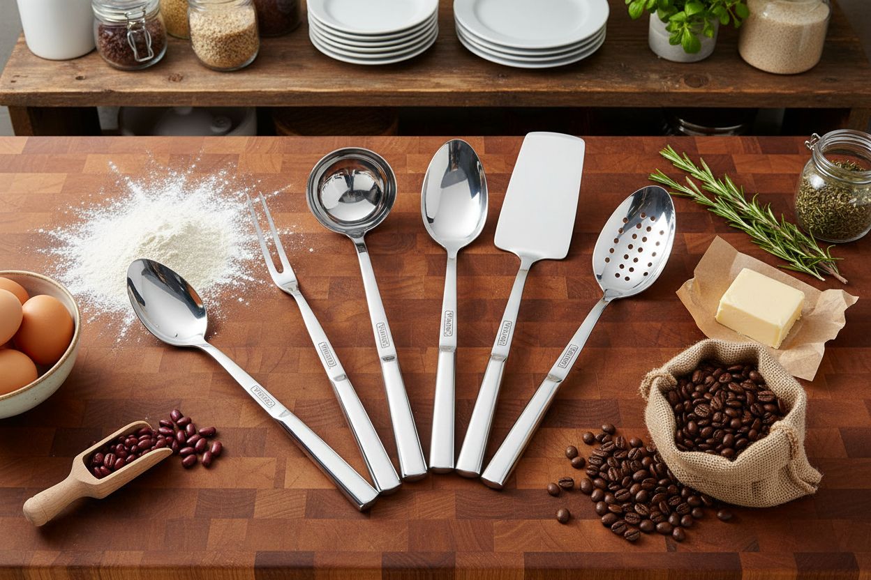 8-piece stainless steel kitchen utensil set including spatulas, spoons, ladle, and forks — view 2