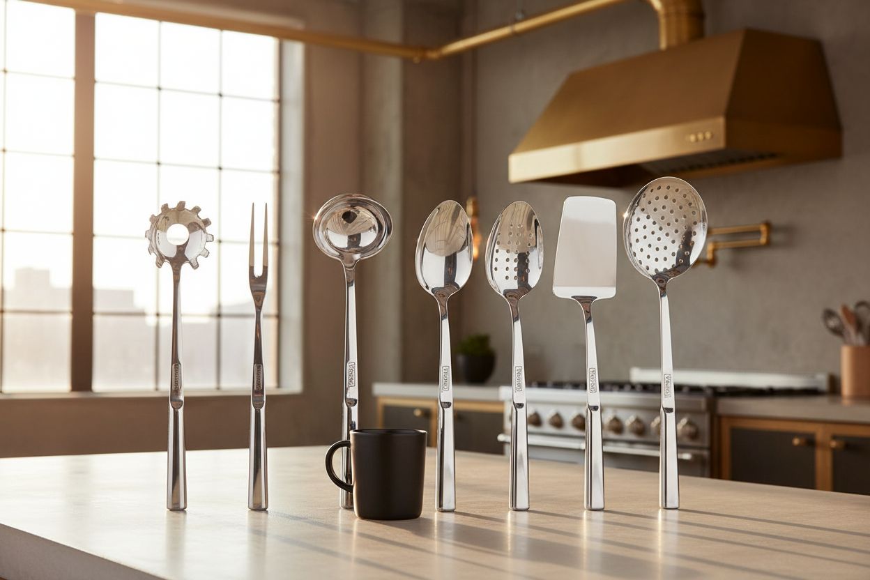 8-piece stainless steel kitchen utensil set including spatulas, spoons, ladle, and forks — view 4