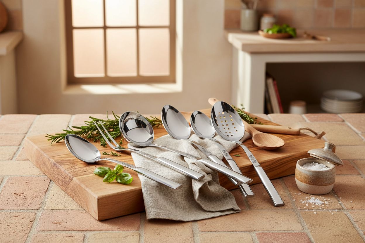 8-piece stainless steel kitchen utensil set including spatulas, spoons, ladle, and forks — view 5a