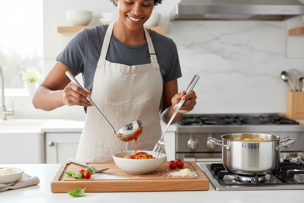 8-piece stainless steel kitchen utensil set including spatulas, spoons, ladle, and forks — view 7a