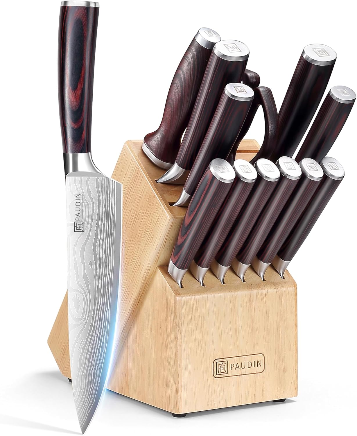 14-piece stainless steel kitchen knife set with pakkawood handles and wooden storage block — front