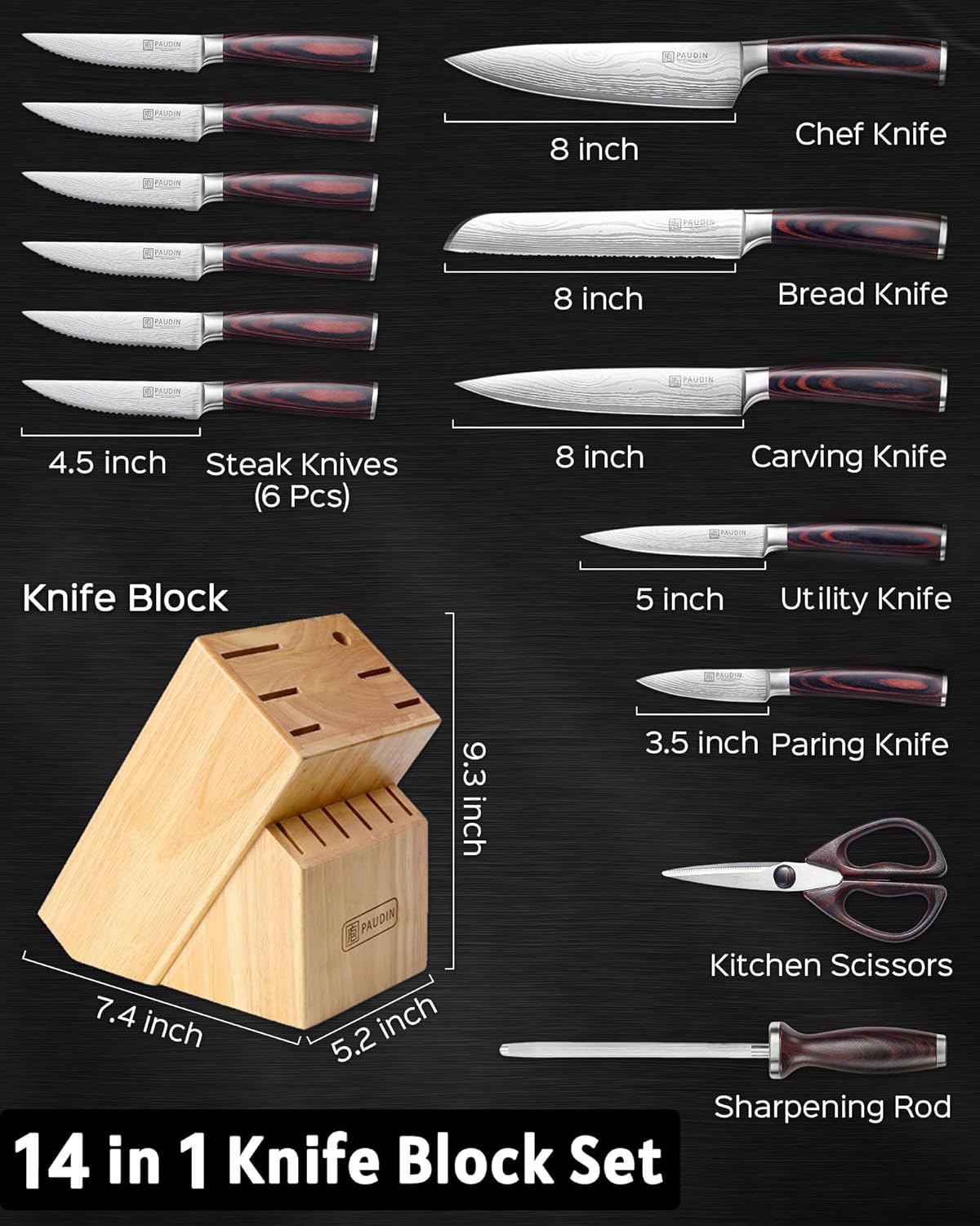 14-piece stainless steel kitchen knife set with pakkawood handles and wooden storage block — side
