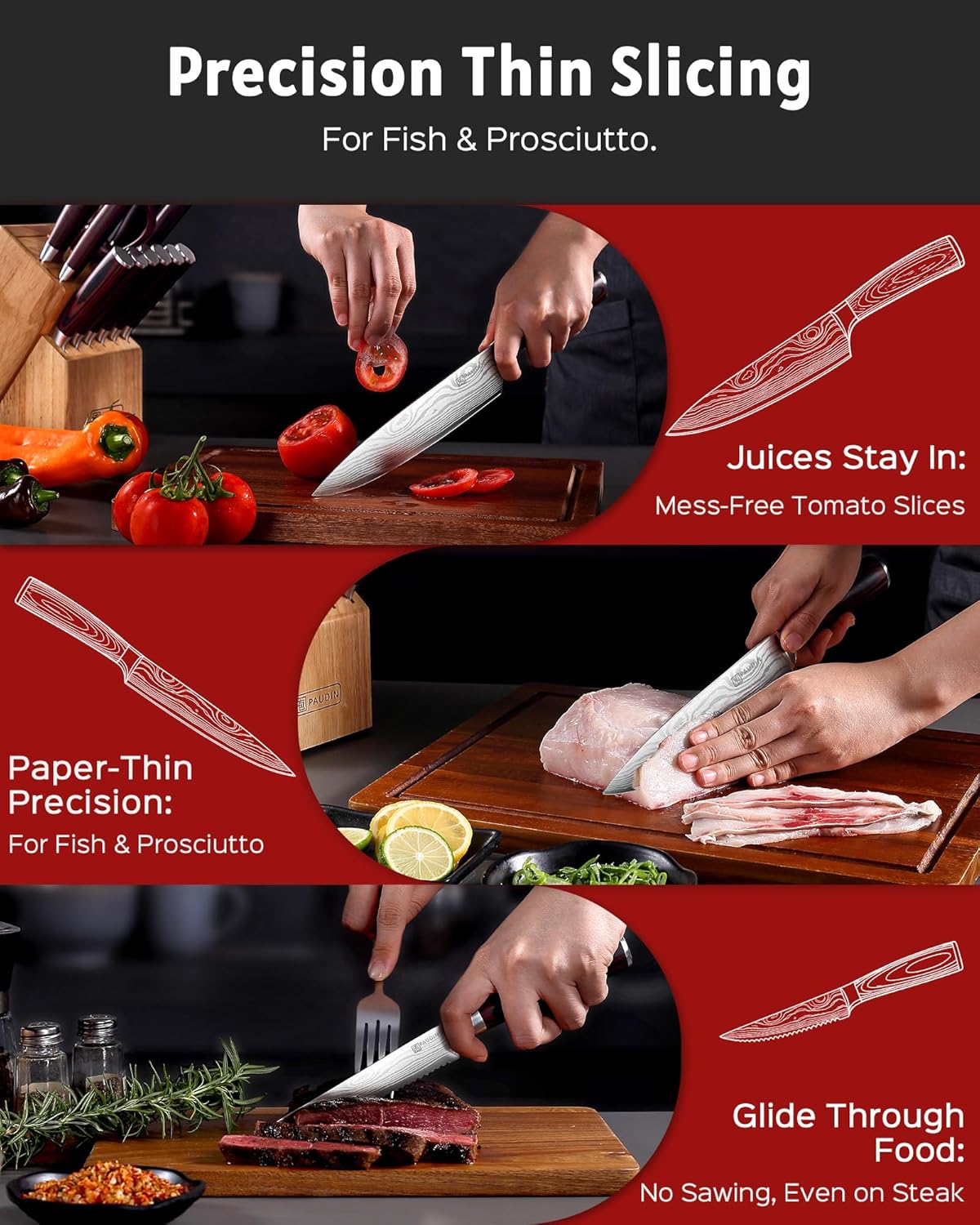 14-piece stainless steel kitchen knife set with pakkawood handles and wooden storage block — back