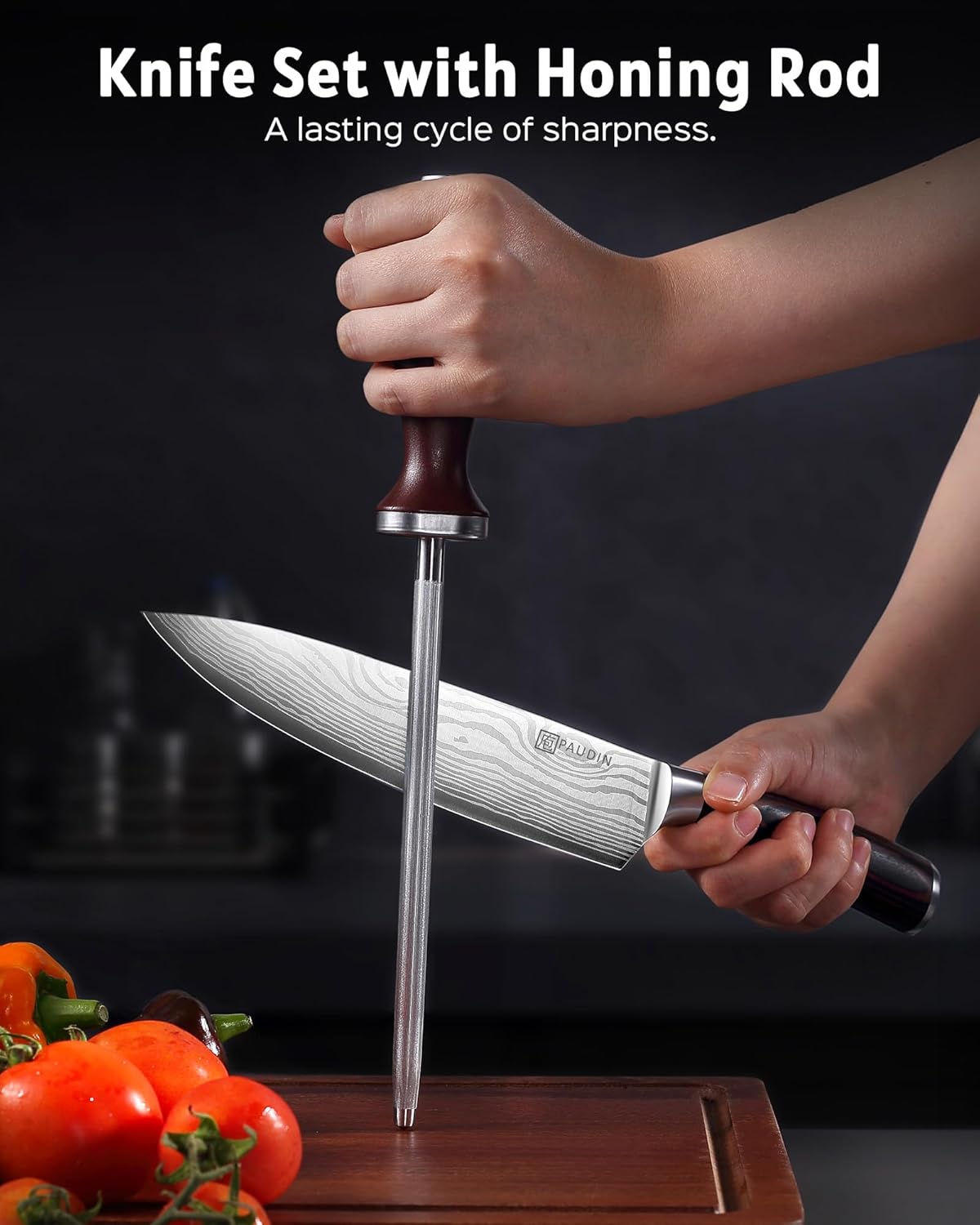 14-piece stainless steel kitchen knife set with pakkawood handles and wooden storage block โ view 4