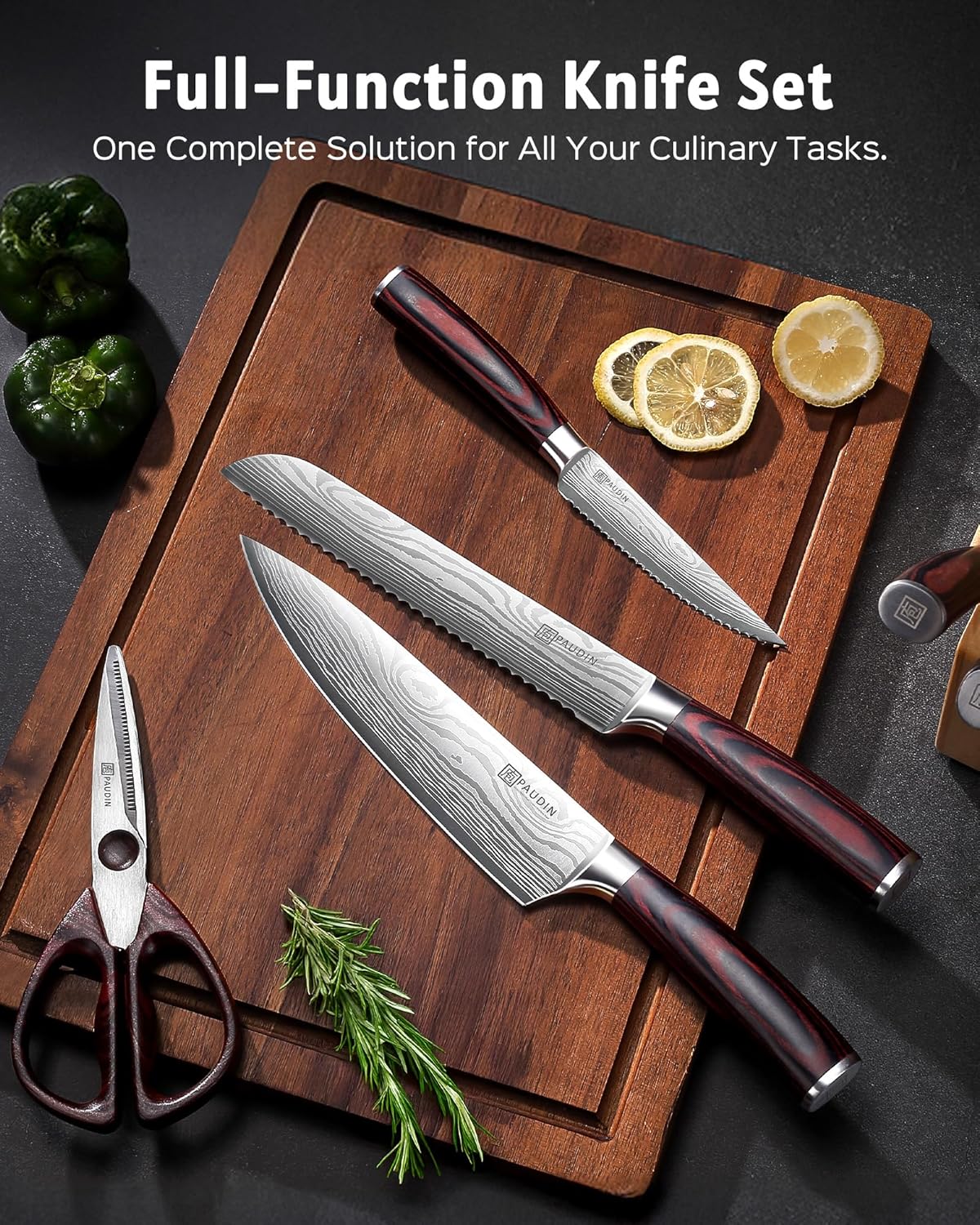 14-piece stainless steel kitchen knife set with pakkawood handles and wooden storage block โ view 5