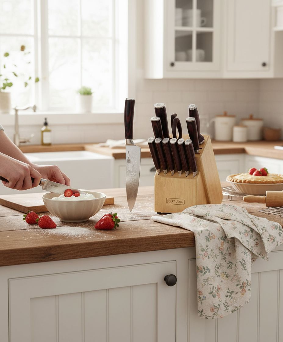 14-piece stainless steel kitchen knife set with pakkawood handles and wooden storage block — view 3b