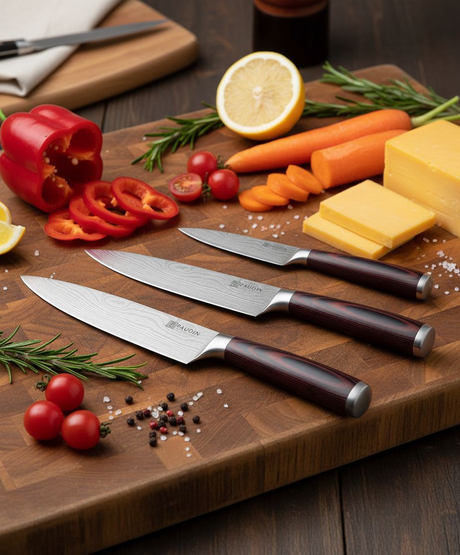 14-piece stainless steel kitchen knife set with pakkawood handles and wooden storage block — view 5b