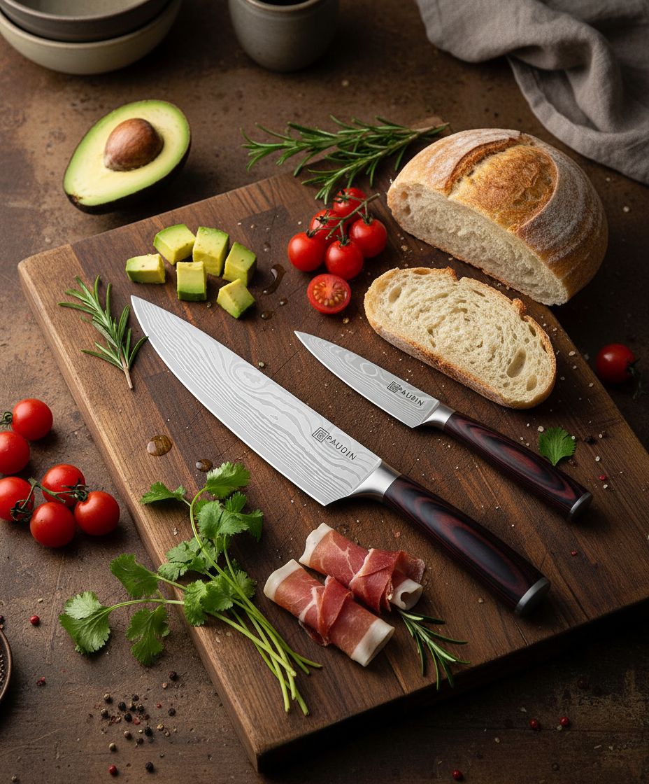 14-piece stainless steel kitchen knife set with pakkawood handles and wooden storage block — view 7b