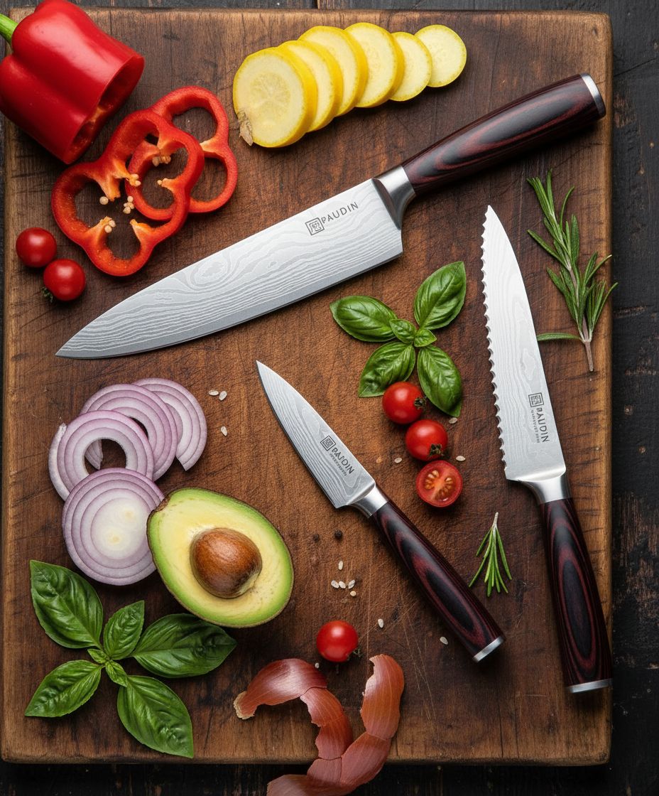 14-piece stainless steel kitchen knife set with pakkawood handles and wooden storage block — view 2