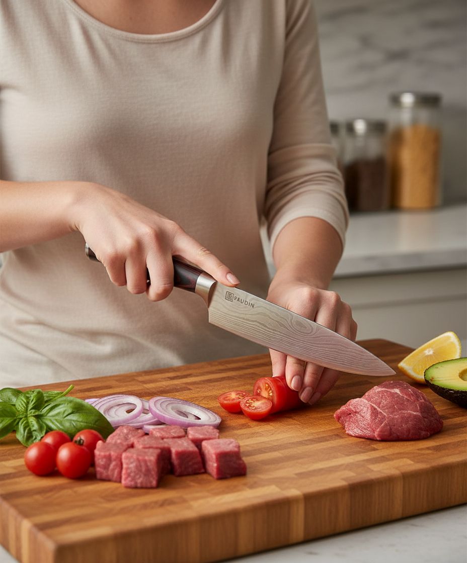 14-piece stainless steel kitchen knife set with pakkawood handles and wooden storage block — view 7a