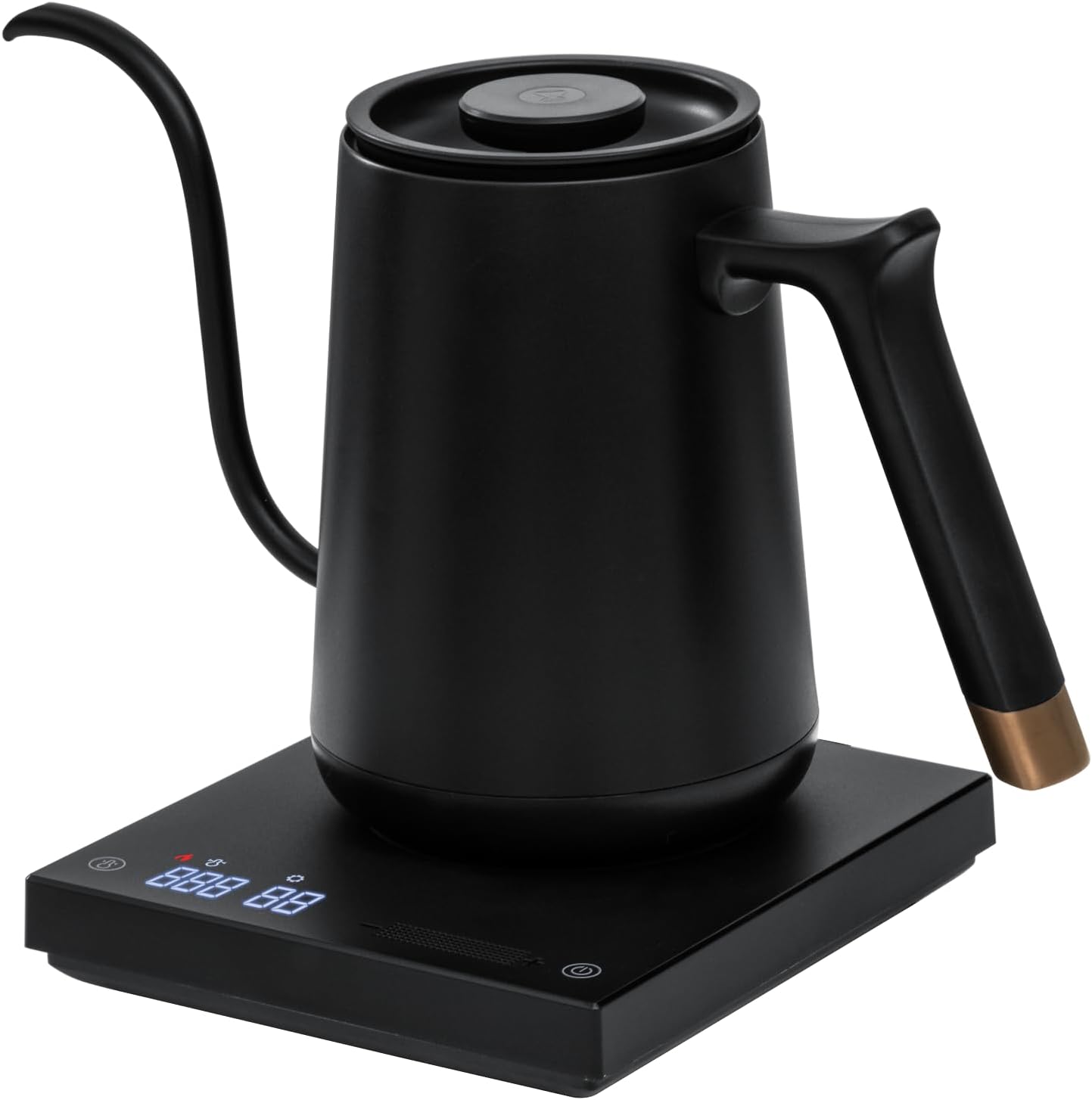 Black stainless steel gooseneck electric kettle with variable temperature control display — view 1