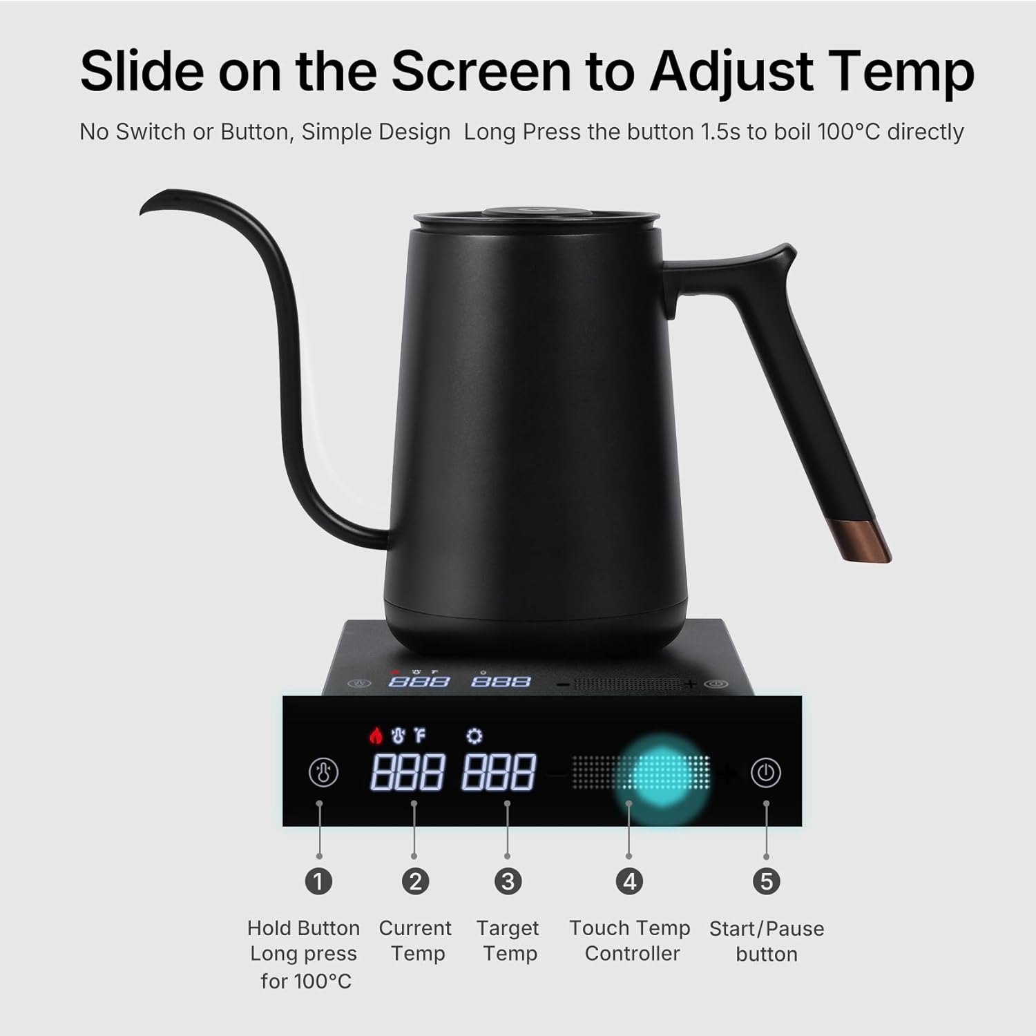Black stainless steel gooseneck electric kettle with variable temperature control display — view 2