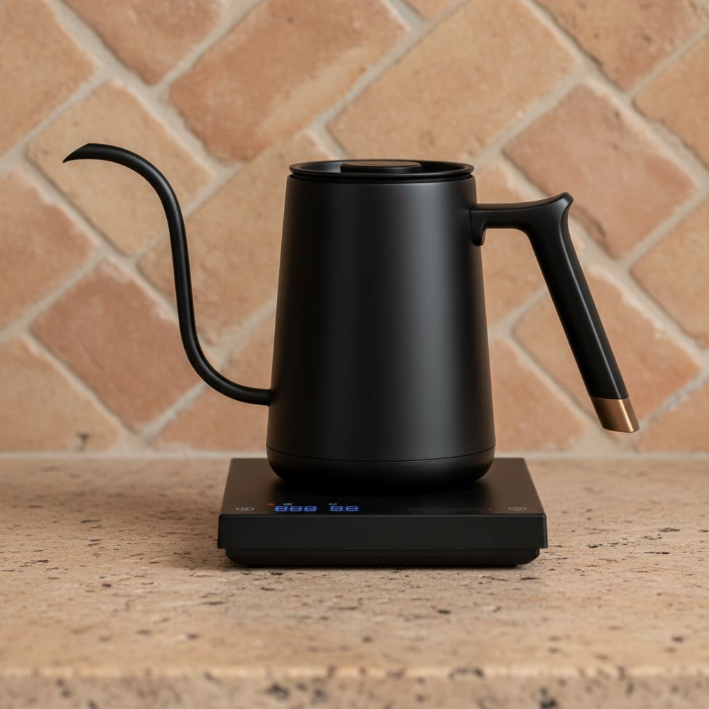 Black stainless steel gooseneck electric kettle with variable temperature control display — view 5b