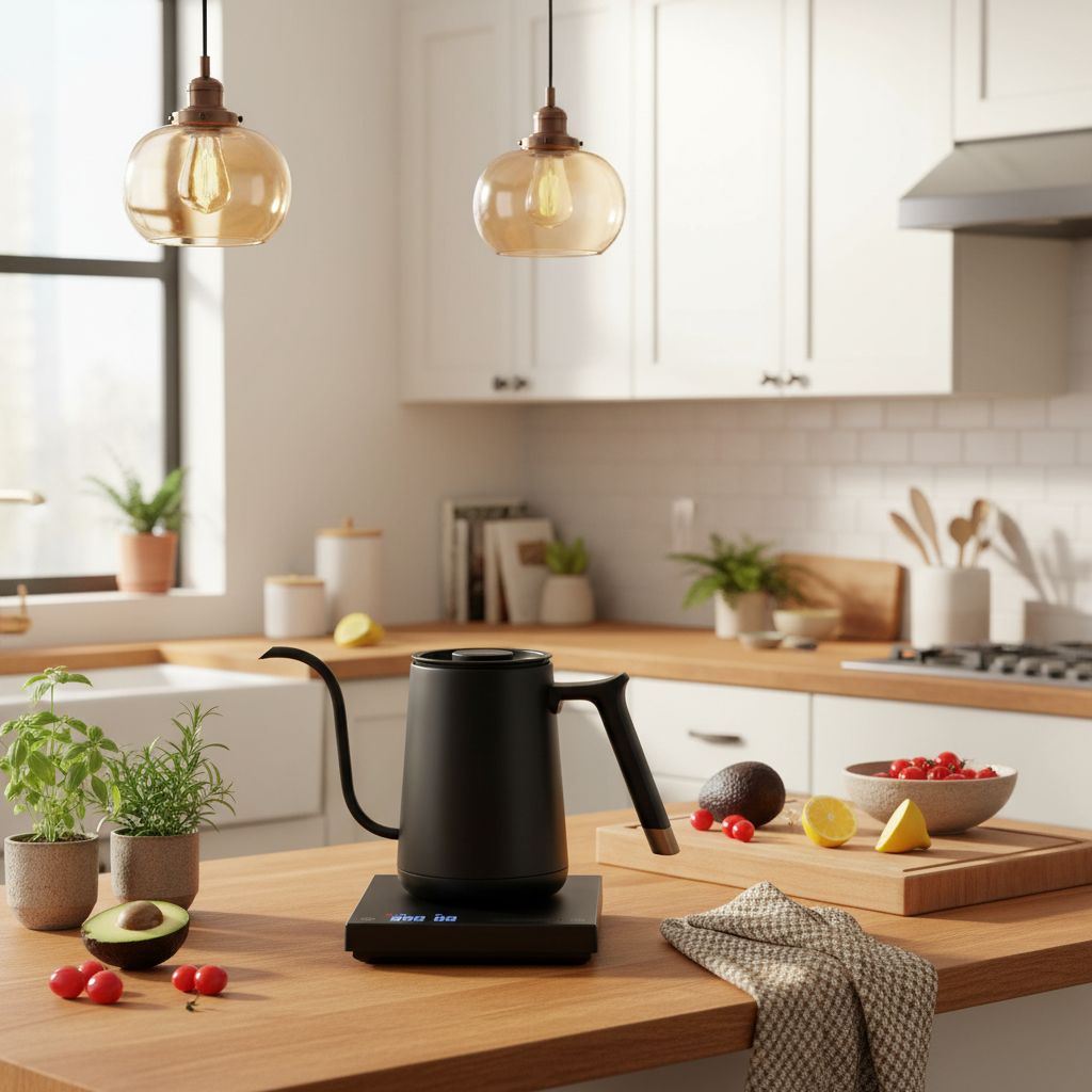 Black stainless steel gooseneck electric kettle with variable temperature control display — view 7b