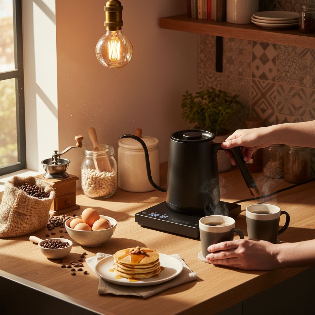 Black stainless steel gooseneck electric kettle with variable temperature control display — view 2