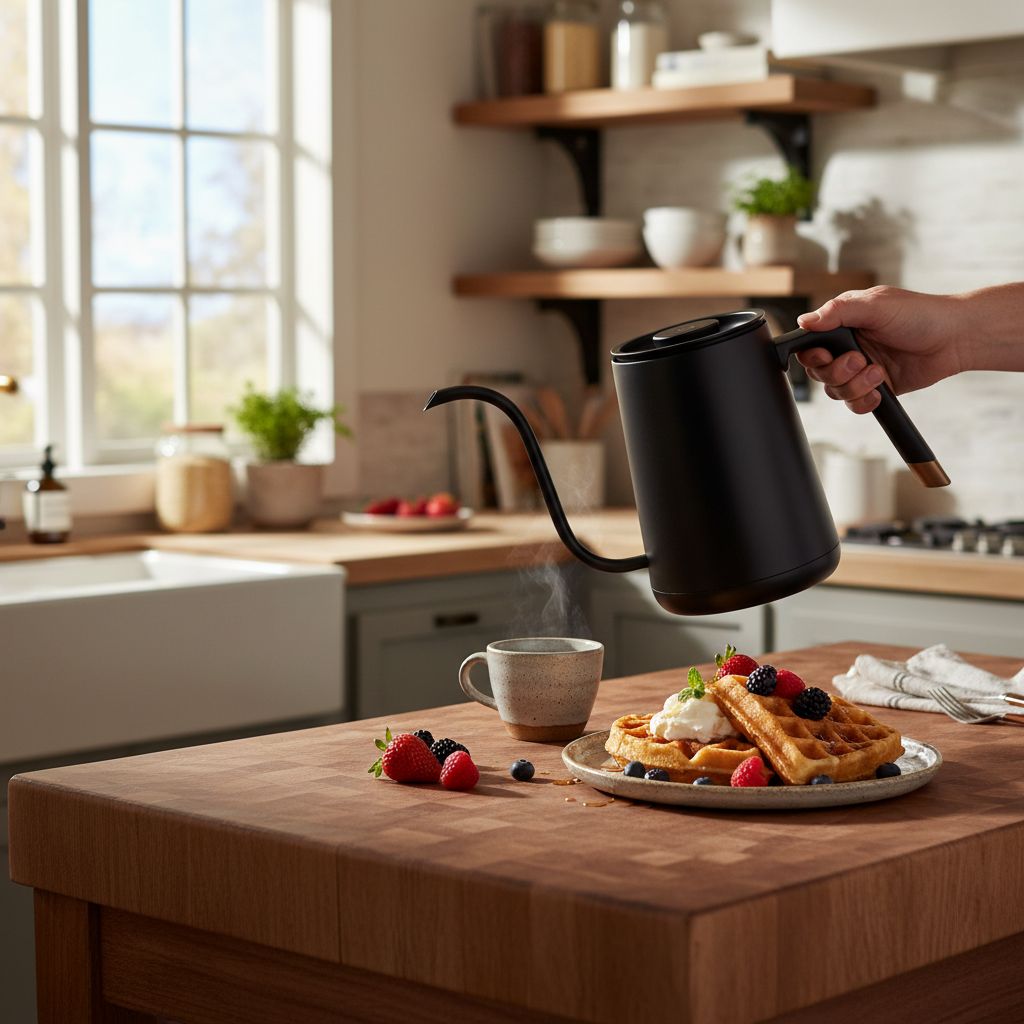 Black stainless steel gooseneck electric kettle with variable temperature control display — view 3a