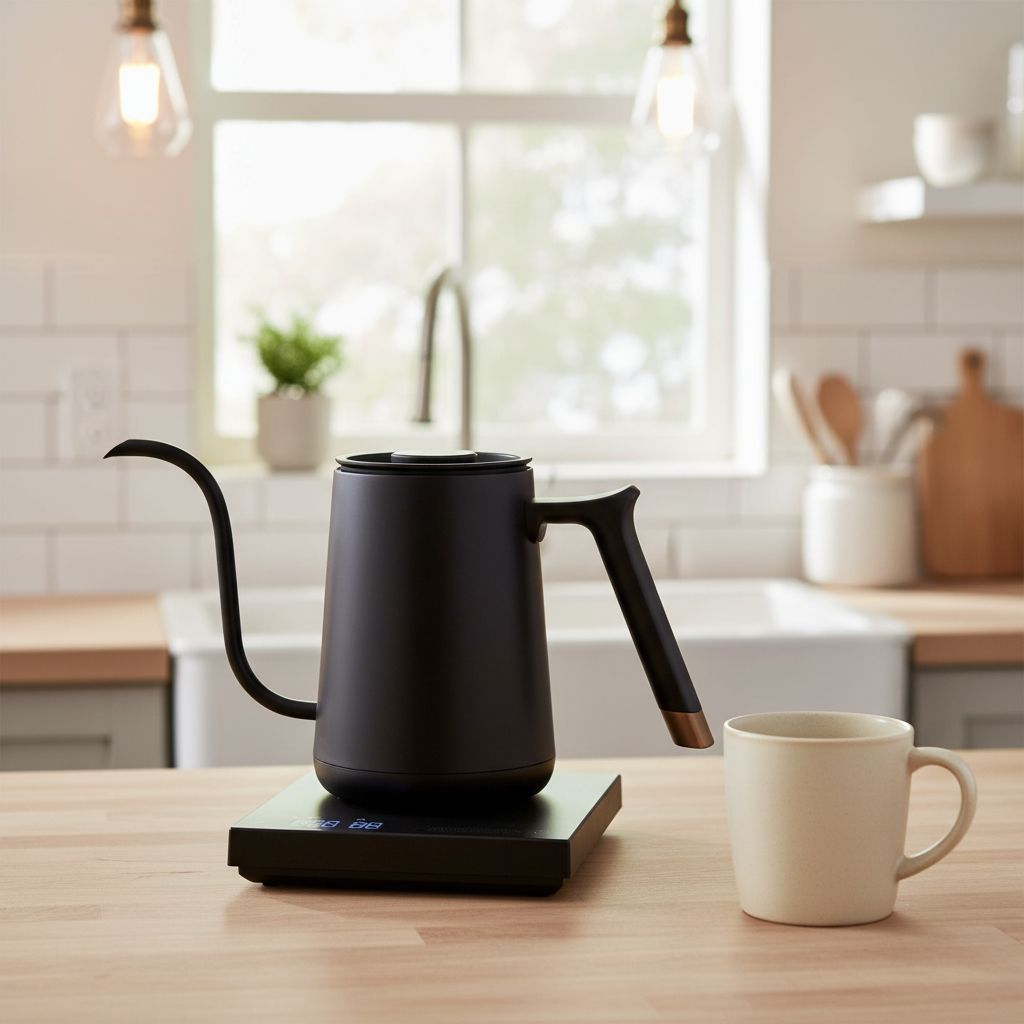 Black stainless steel gooseneck electric kettle with variable temperature control display — view 4
