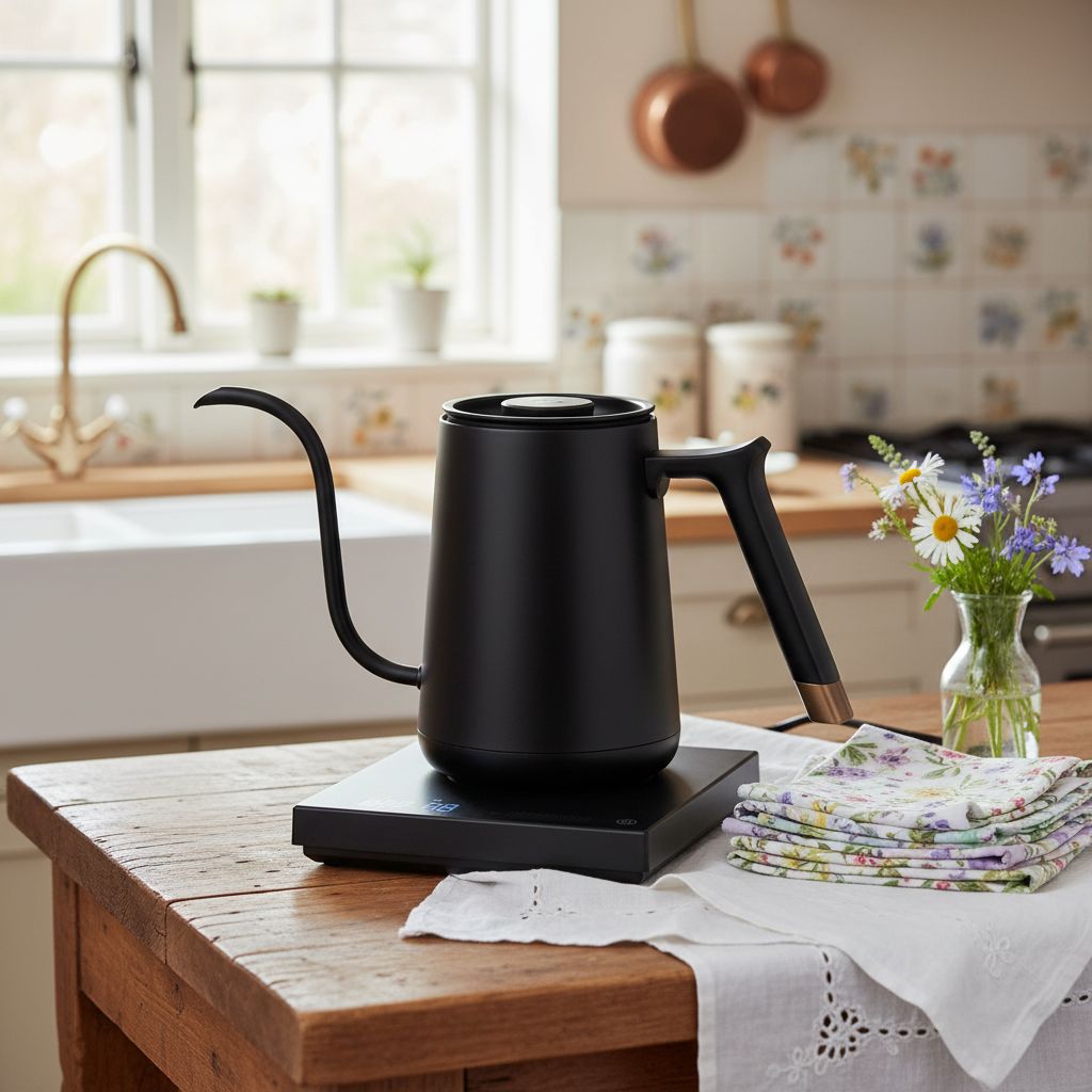 Black stainless steel gooseneck electric kettle with variable temperature control display — view 6