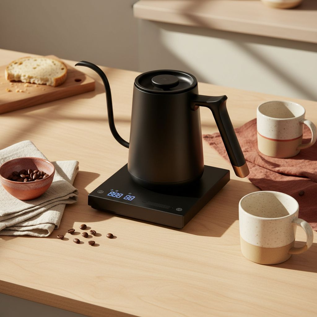 Black stainless steel gooseneck electric kettle with variable temperature control display — view 7a