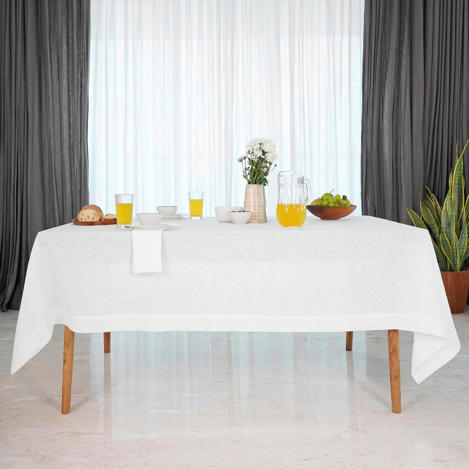 White pure linen tablecloth, 60x144 inches, draped on rectangular dining table — view 3